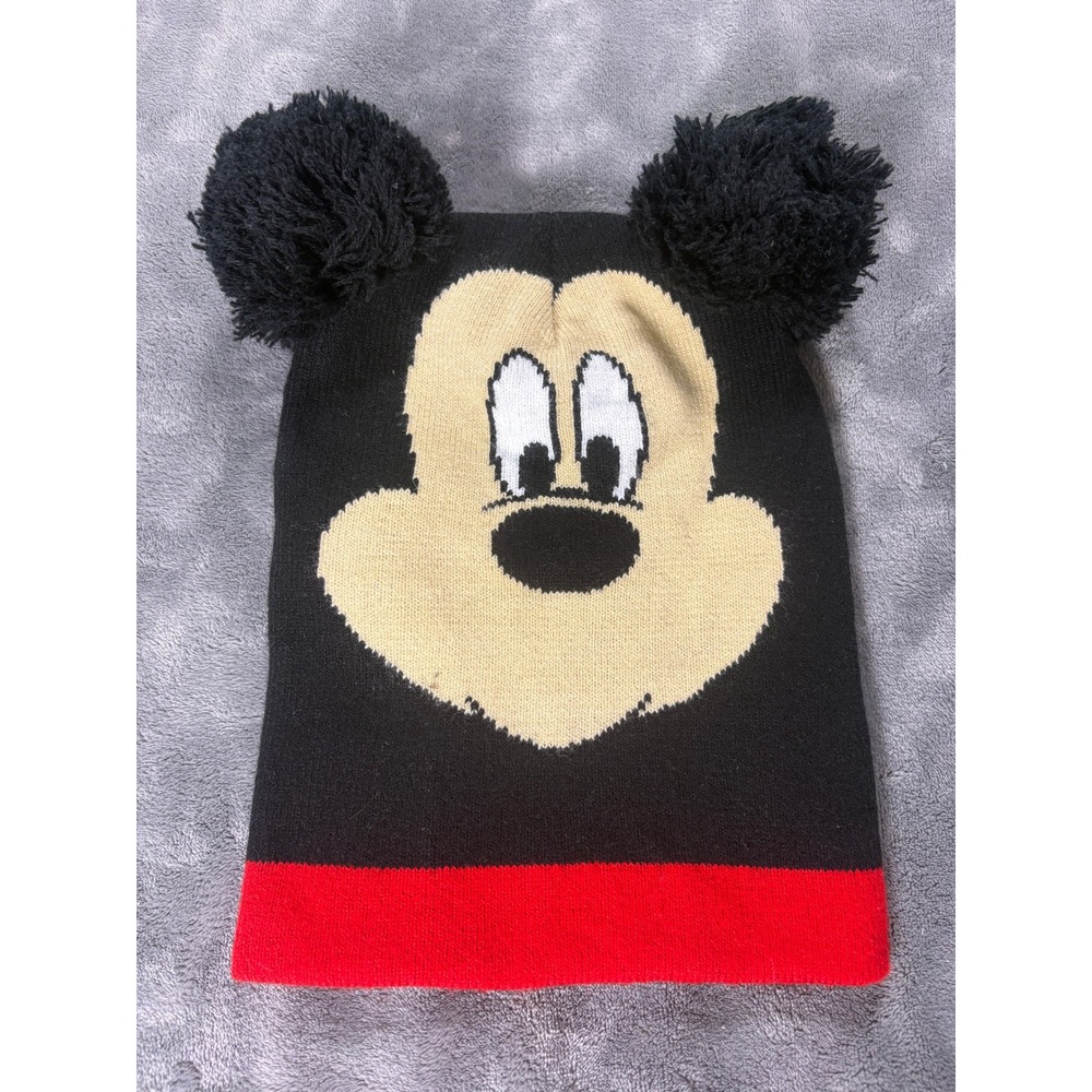 Disney Unisex Mickey Mouse Pom Pom Beanie Hat One Size Black Red Knit Ear Hat